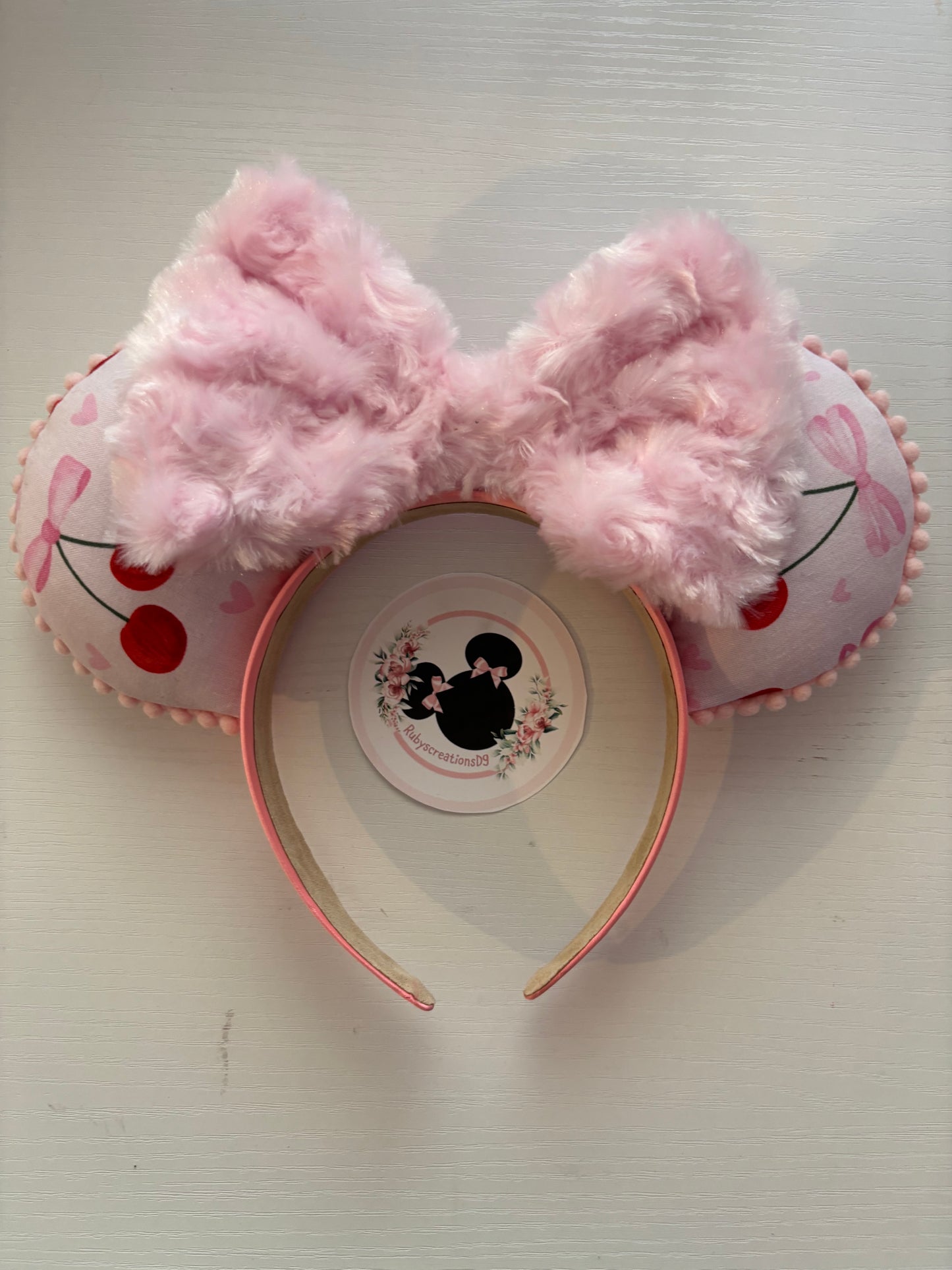 Cherry love fuzzy pink bow mouse ears