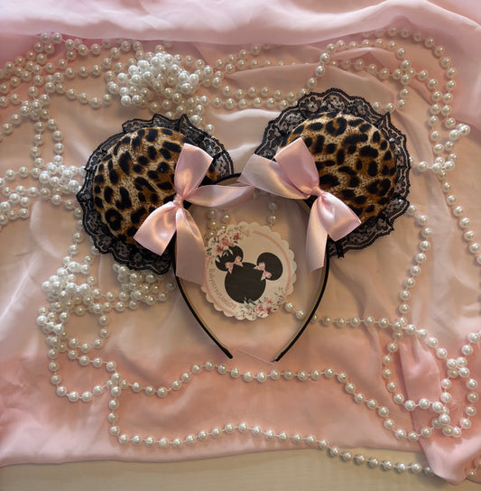 Dark cheetah pink bows mouse ears