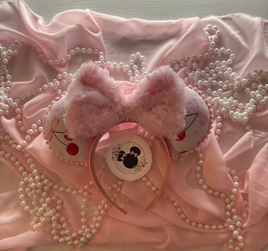 Cherry love fuzzy pink bow mouse ears