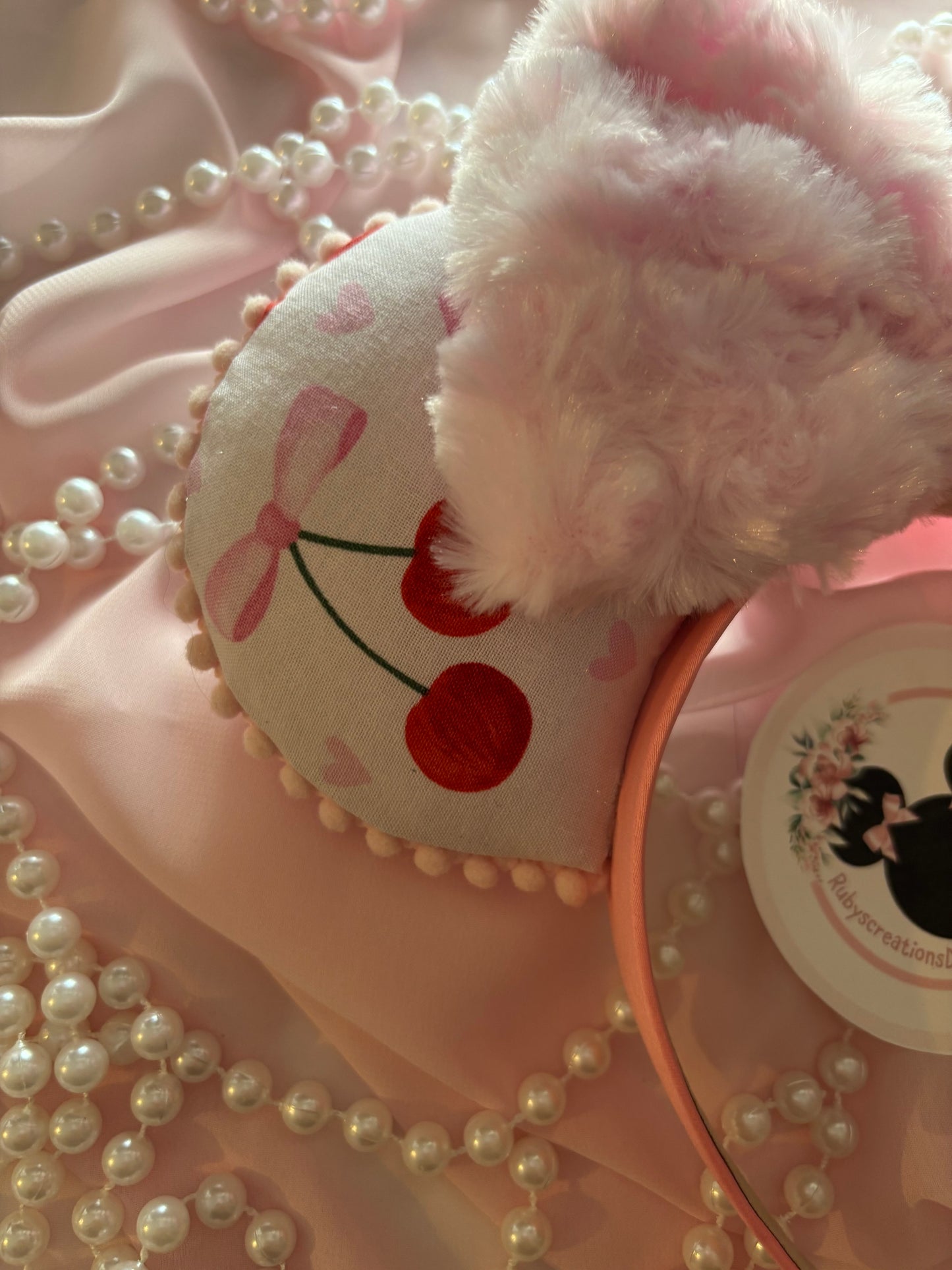 Cherry love fuzzy pink bow mouse ears