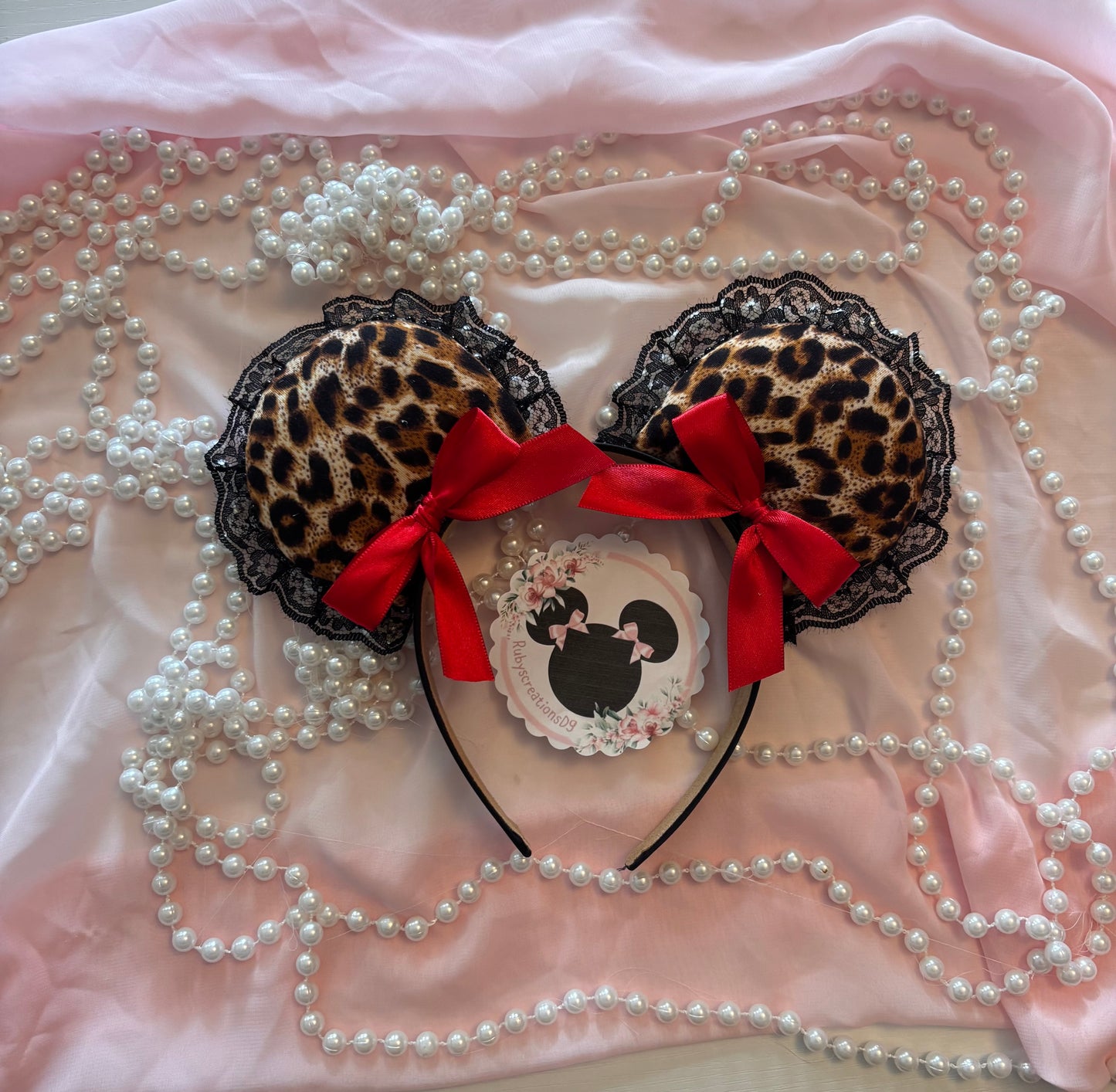 Dark cheetah red bows mouse ears