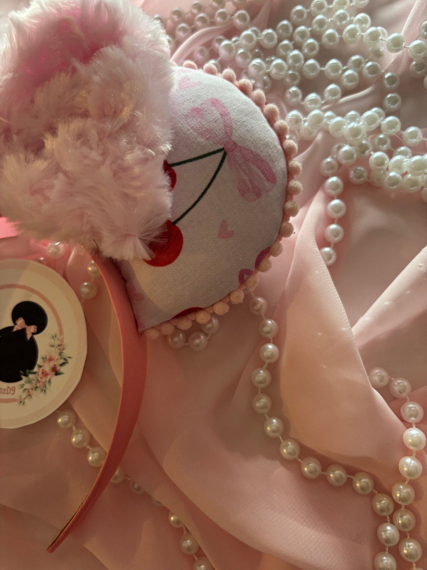 Cherry love fuzzy pink bow mouse ears